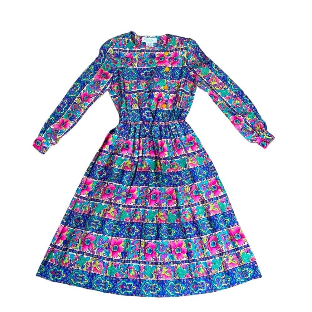 Maggie Boutique NY Vintage Multicolored Cinched Waist Pleated A Line Dress Sz. 8
